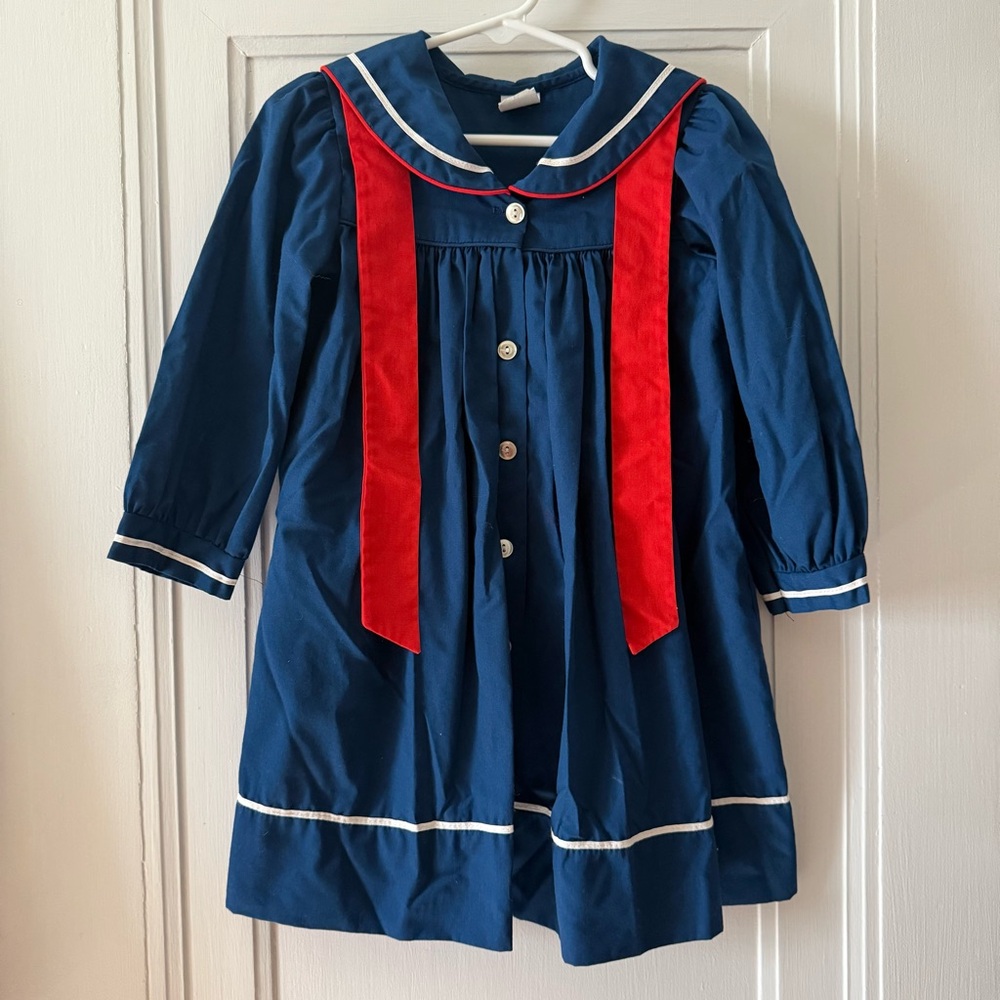 Vintage Bryan Kids Navy Blue and Red Sailor Dress, roughly size 3/4